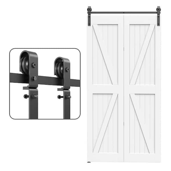 3.3 ft. J-Shaped Single Bi-Fold Sliding Barn Door Kit for Double Doors, Black Steel