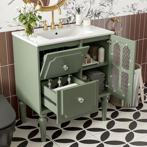 Retro Style 18.30 in. W Single Sink Freestanding Green Bath Vanity with White Ceramic Top Unassembled and 2 Drawers