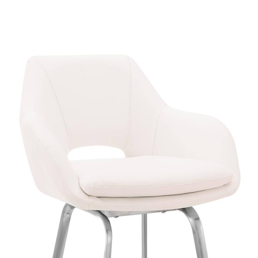 Aura White Faux Leather Swivel Bar Stool with Brushed Steel