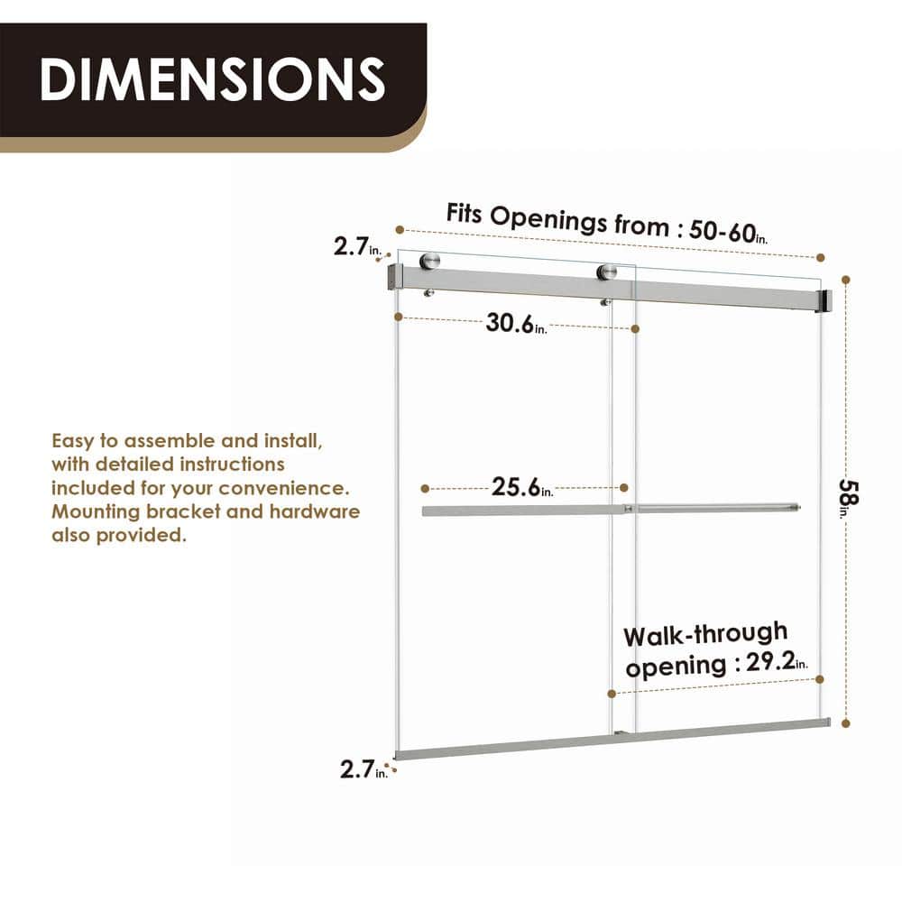 Marcelo 60" Frameless Sliding Tub Door in Brushed Nickel with Clear Glass
