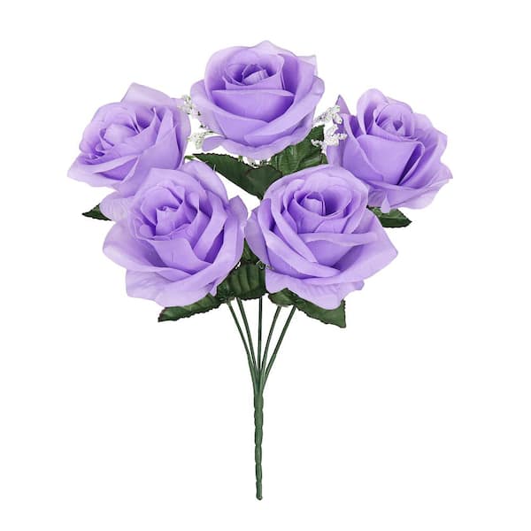 LIVING LUXURY 14 in. Lavender Purple Artificial Open Rose Flower Stem Bush Bouquet (Set of 12)