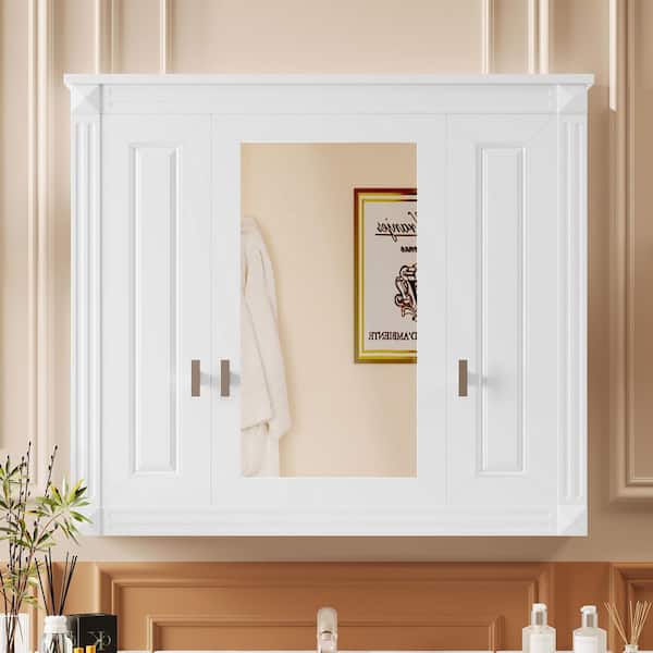 35 in. W x 28 in. H Rectangular MDF Medicine Cabinet with Mirror in White, with 6-Open Shelves