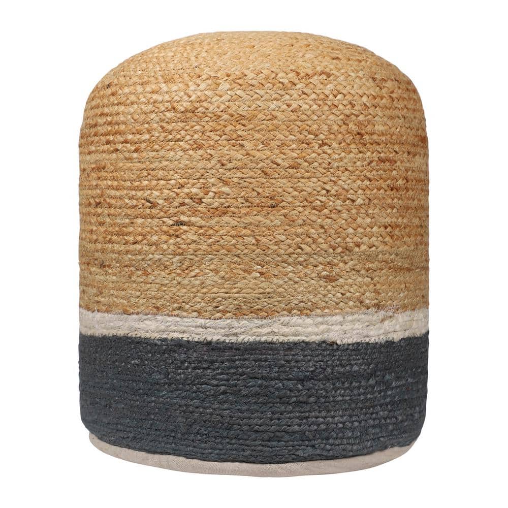 Farmhouse Natural/Gray Striped Indoor Hand Made Jute Pouf