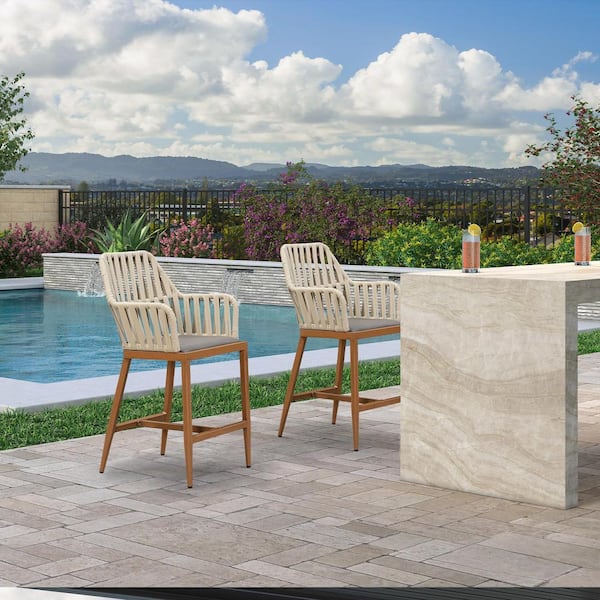 PURPLE LEAF Modern Aluminum Outdoor Bar Stool PE Rattan Baroque Bar Stool with Backrest and Cushion (Set of 2)