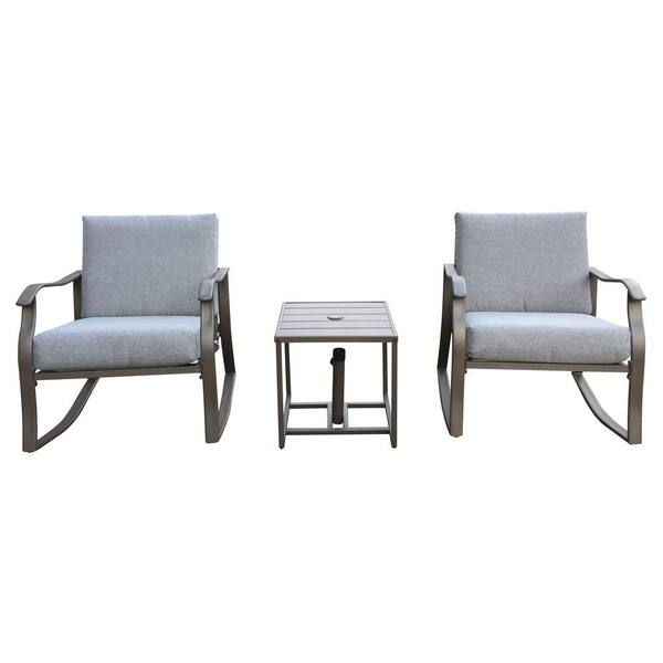 Willit 3-Piece Metal Square 18 in. H Rocker Outdoor Bistro Set with Gray Cushion