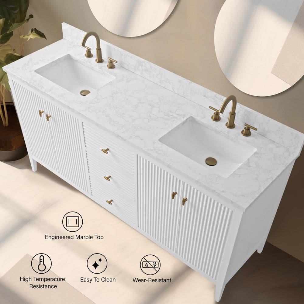 72" Linear White Double Sink Vanity with Golden Brushed Hardware