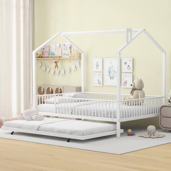 Harper & Bright Designs White Full Size Metal Frame House Bed with Chimney, Fence and Trundle