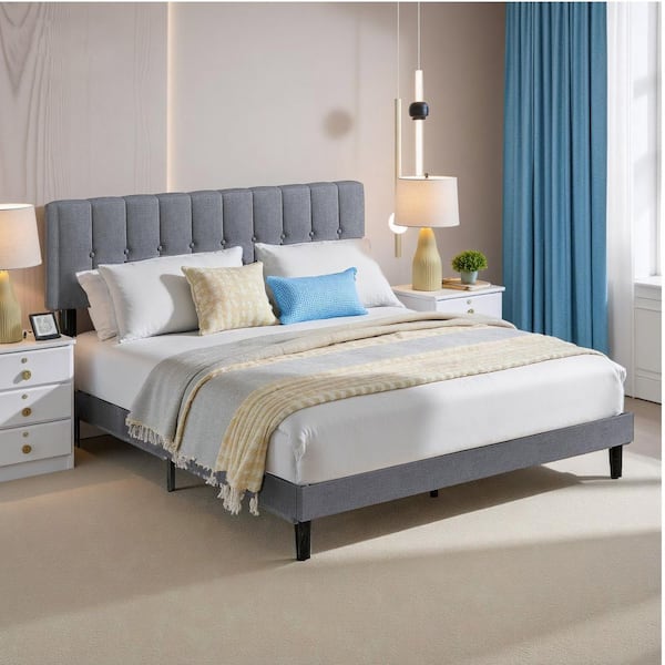 Modern Gray Wood Frame Queen Size Platform Bed with Linen Upholstered Headboard, No Box Spring Needed and Noise Free