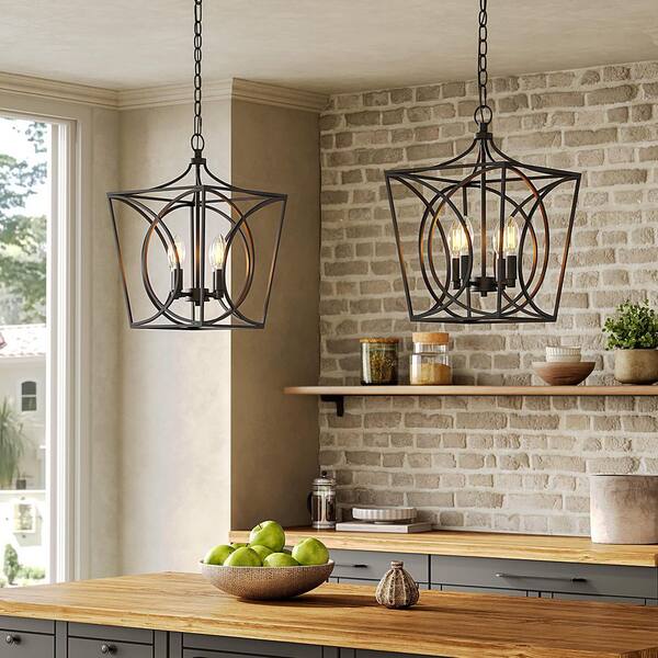 12 in. 4-Light Black Farmhouse Pendant Light, Open Cage Metal Chandelier for Kitchen Island, Dining Room, Foyer