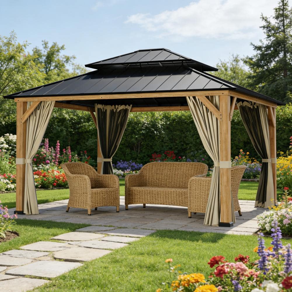 Shade Graphix 15 x 13 ft. Double-Roof Metal Hardtop Gazebo w/ Curtain and Privacy Net Galvanized 2-Tire Steel Top Cedar Wood Frame