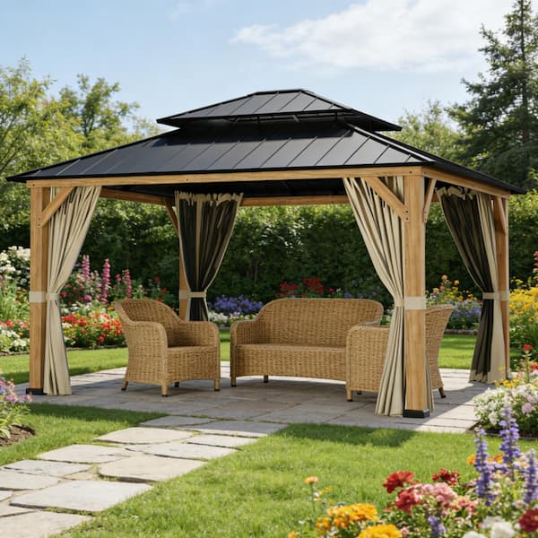 15 x 13 ft. Double-Roof Metal Hardtop Gazebo w/ Curtain and Privacy Net Galvanized 2-Tire Steel Top Cedar Wood Frame