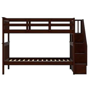 Modern Wood Brown Twin-Over-Twin Bunk Bed Size with Storage and Guard Rail for Bedroom, Stairway, No Box Spring Required