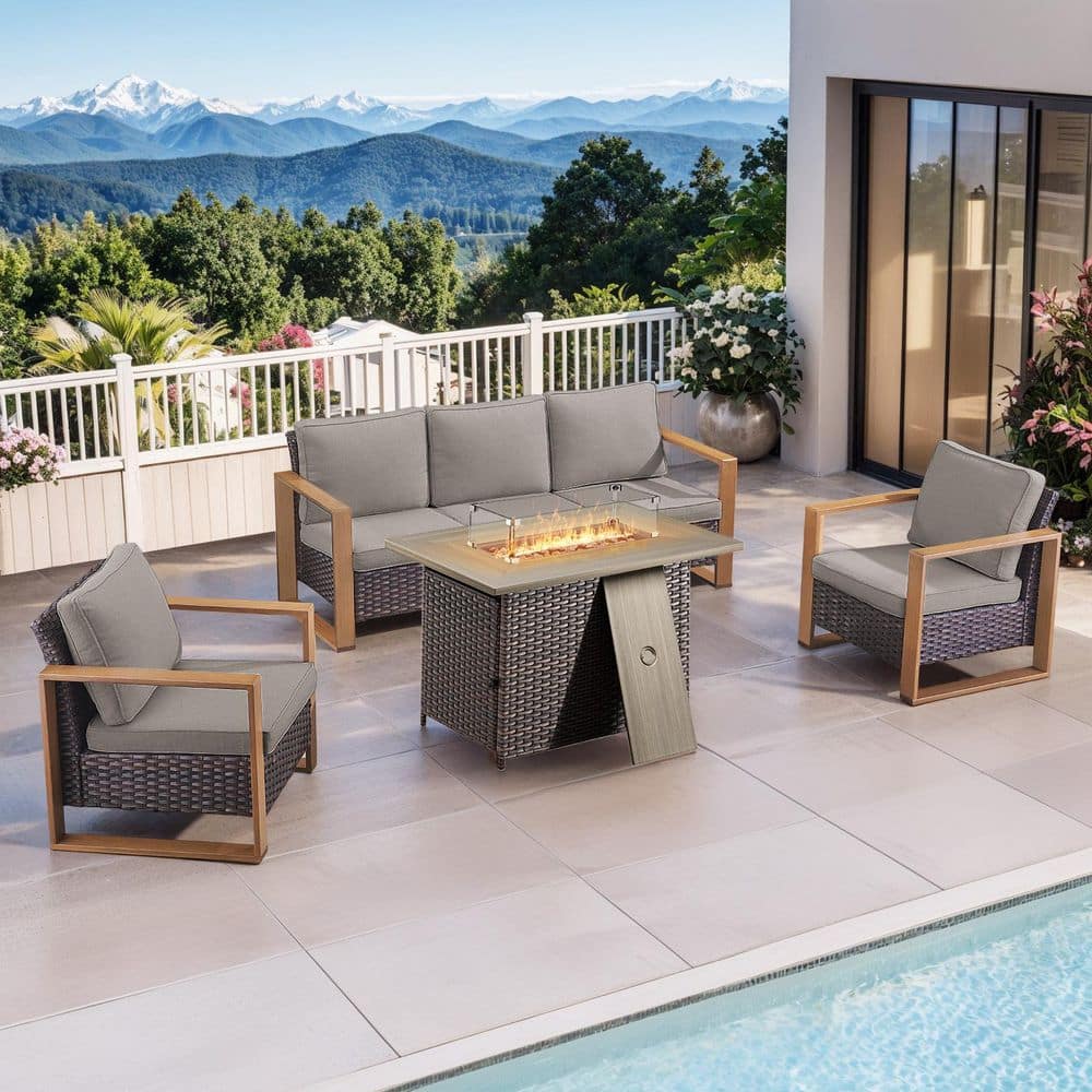 Funky 4-Piece Brown Wicker Patio Fire Pit Conversation Sofa Seating Sets with Gray Cushions price history on PriceWatchPro