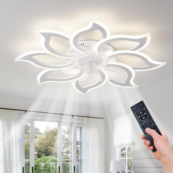 35 in. Indoor Flush Mount White Ceiling Fan w/ Lights, Flower Ceiling Fan w/ Remote Control, 3-Light Color, 6-Speeds