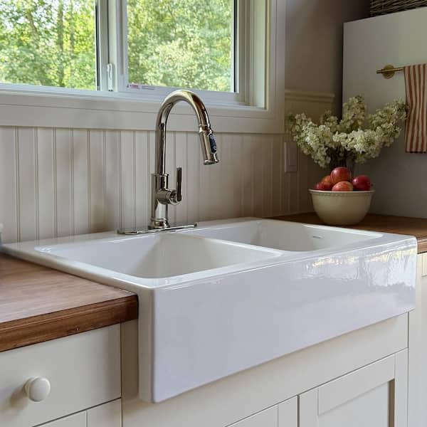 Parker 34 in. 3-Hole Quick-Fit Farmhouse/Apron-Front Drop-In Double Bowl Crisp White Fireclay Kitchen Sink