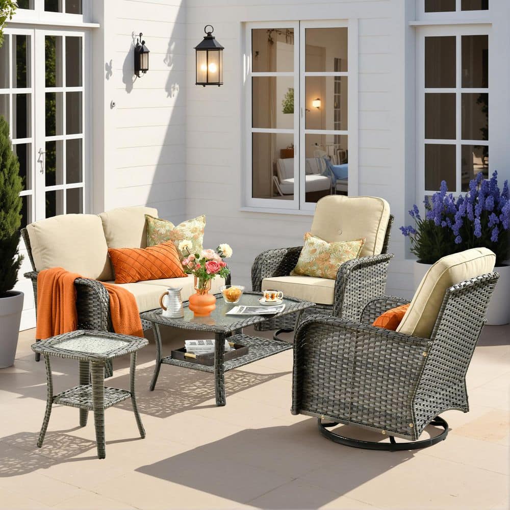 Missisi Gray 5-Piece Wicker Patio Conversation Set with Beige Cushions and Swivel Chairs price history on PriceWatchPro