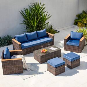Brown 6-Piece Wicker Outdoor Sectional Set, Patio Sofa Set with Ottomans and Blue Cushions for Backyard, Lawn, Outside
