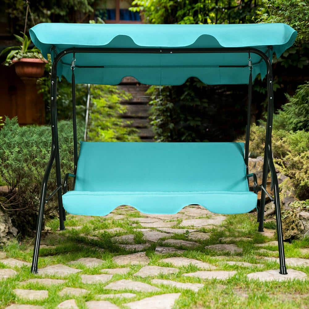 Turquoise 3-Person Steel Outdoor Patio Swing with Canopy