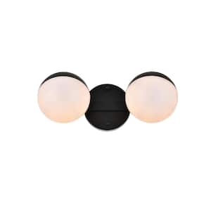 Simply Living 13 in. 2-Light Modern Black Vanity Light with Frosted White Round Shade