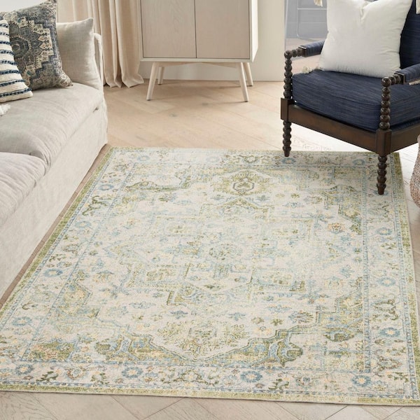 Astra Machine Washable Blue Green 4 ft. x 6 ft. Center medallion Traditional Area Rug