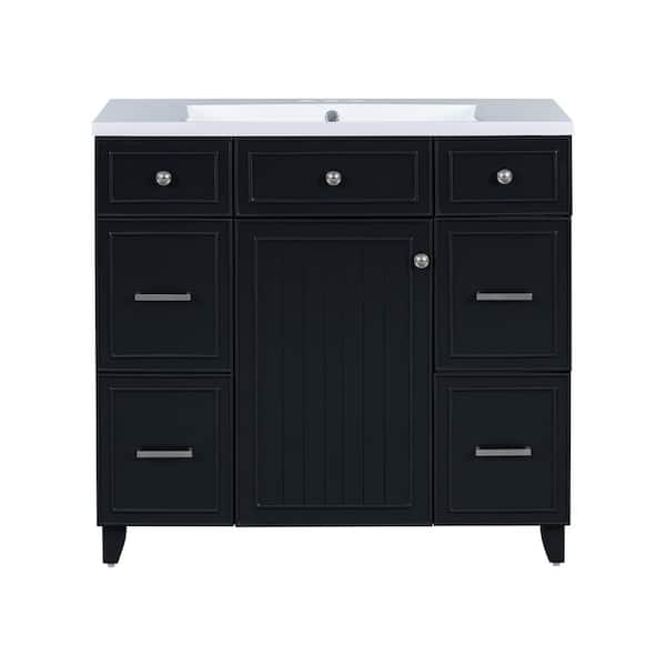 36 in. W x 18 in. D x 34.3 in. H Single Sink Freestanding Black Bath Vanity with White Resin Top