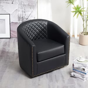 Modern Black Small Swivel Faux Leather Tufted Upholstered Barrel Accent Arm Chair