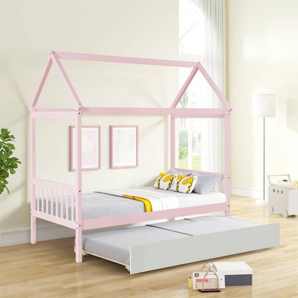 Seafuloy 79.5in.Lx41.8in.W Pink Pine Twin Size House Kids Bed with Trundle