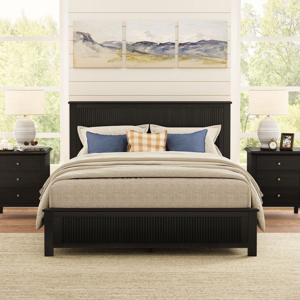 Black Solid Wood Frame Queen Platform Bed with Headboard Footrest Panel Bed Cylindrical Foot Column price history on PriceWatchPro