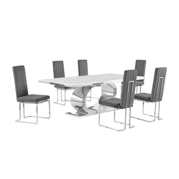 Best Quality Furniture Ibraim 7-Piece Rectangle White Marble Top Stainless Steel Base Dining Set With 6 Dark Grey Velvet Chrome Iron Chairs