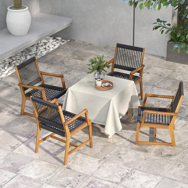 Gymax Patio Acacia Wood Dining Chairs All-Weather Rope Woven