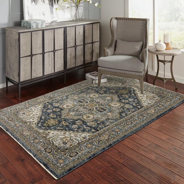 Ambrose Blue 10 ft. x 13 ft. Traditional Oriental Medallion Polyester Fringe Edge Indoor Area Rug