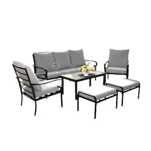 6-Piece Outdoor Black Metal Frame Patio Conversation Set with Chairs, Couch, Ottomans, Coffee Table and Gray Cushions