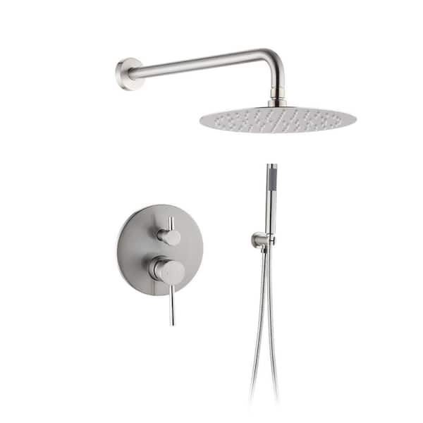 Tahanbath 2-Spray Dual Shower Head and Handheld Shower Head with Pressure Balancing Valve in Brushed Nickel 1.8 GPM
