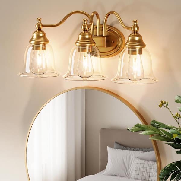 22.85 in. 3-Light Modern Brushed Nickel Gold Bathroom Vanity Light with Clear Glass Shade, No Bulbs Included