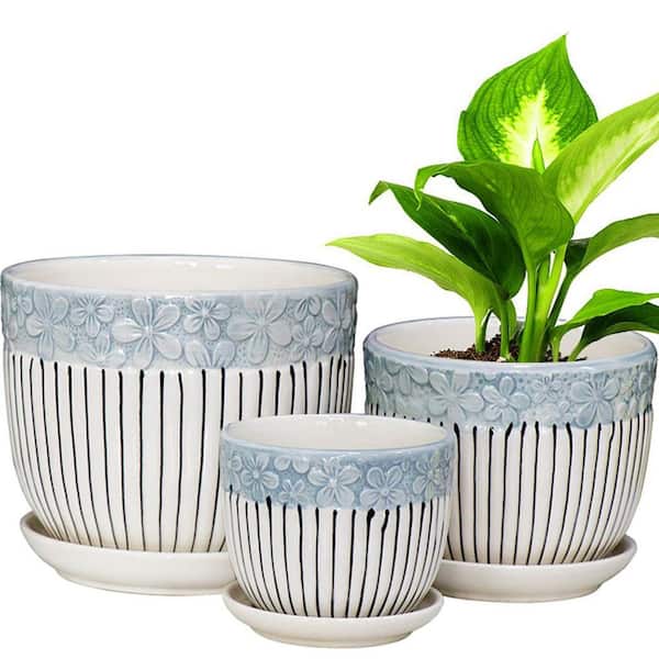 3-Piece Ceramic Pot Set (6.75, 5.6, 4.2 Inch) with Saucers-Planters with Drainage for Houseplants, Succulents, Herbs