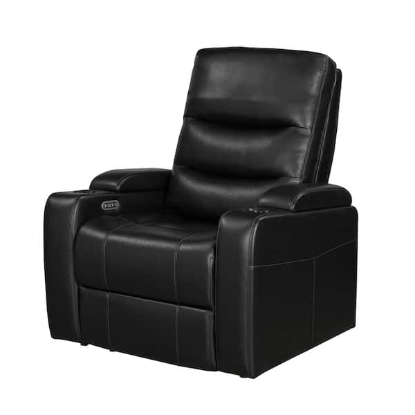 Lazzara Bryce Black Faux Leather Power Recliner with Power Headrest, Receptacle, Cup-Holder Storage Arms and LED Light