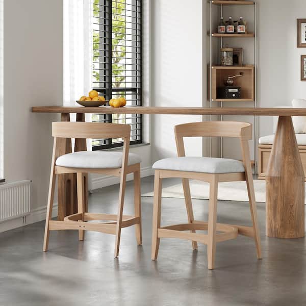 Walsh 34.2 in. H Natural+Beige Solid Wood Counter Height Bar Stool with Fabric Upholstered Seat, Curved Back (Set of 2)