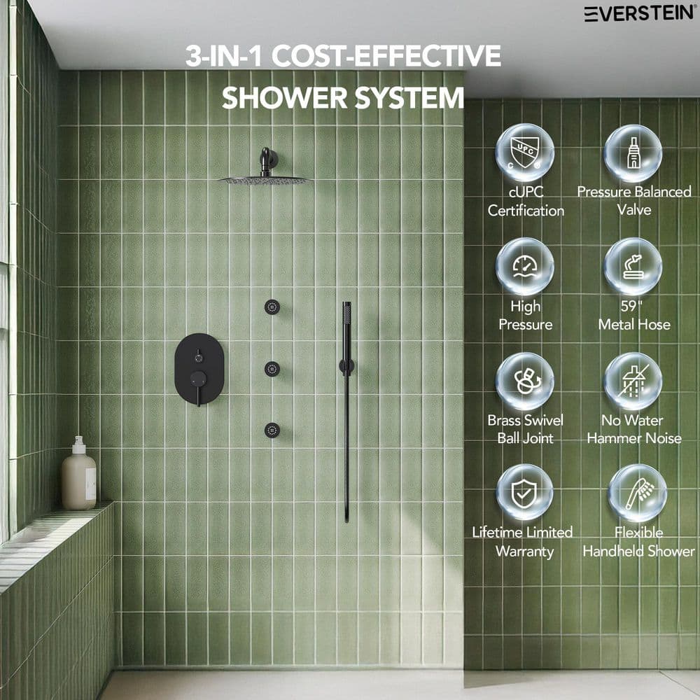 Matte Black 12" Ceiling Mounted Rainfall Shower System with Jets