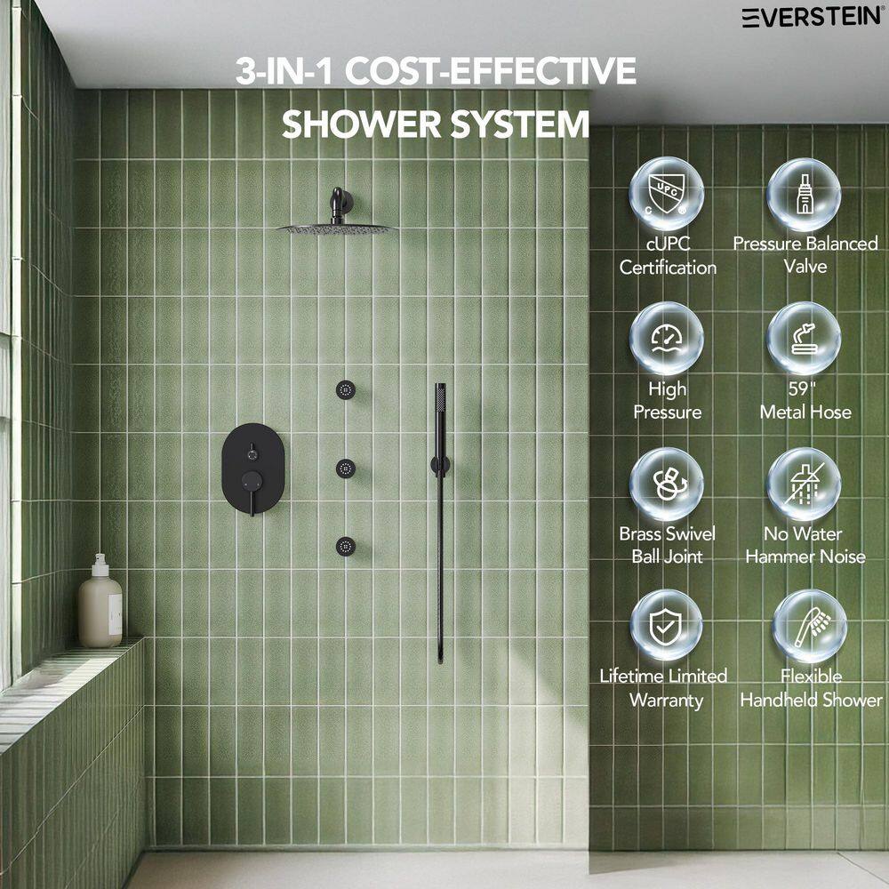 Matte Black 12" Ceiling Mounted Rainfall Shower System with Jets