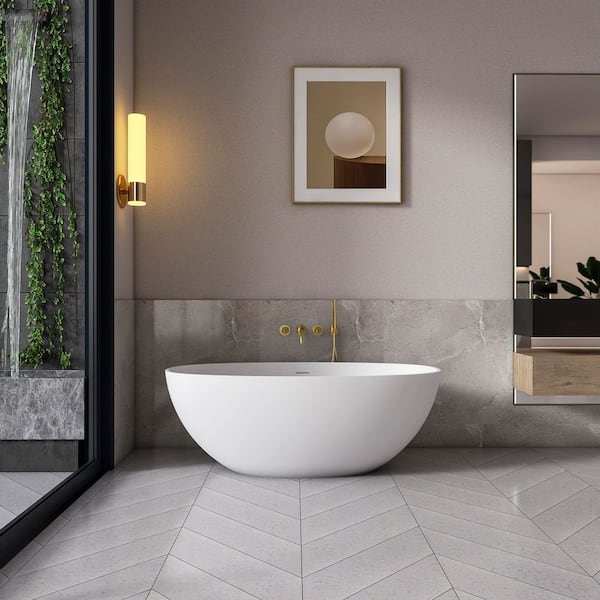 61 in. x 29.5 in. Artificial Stone Soaking Bathtub in Matte White Solid Surface with Overflow and Pop-up Drain