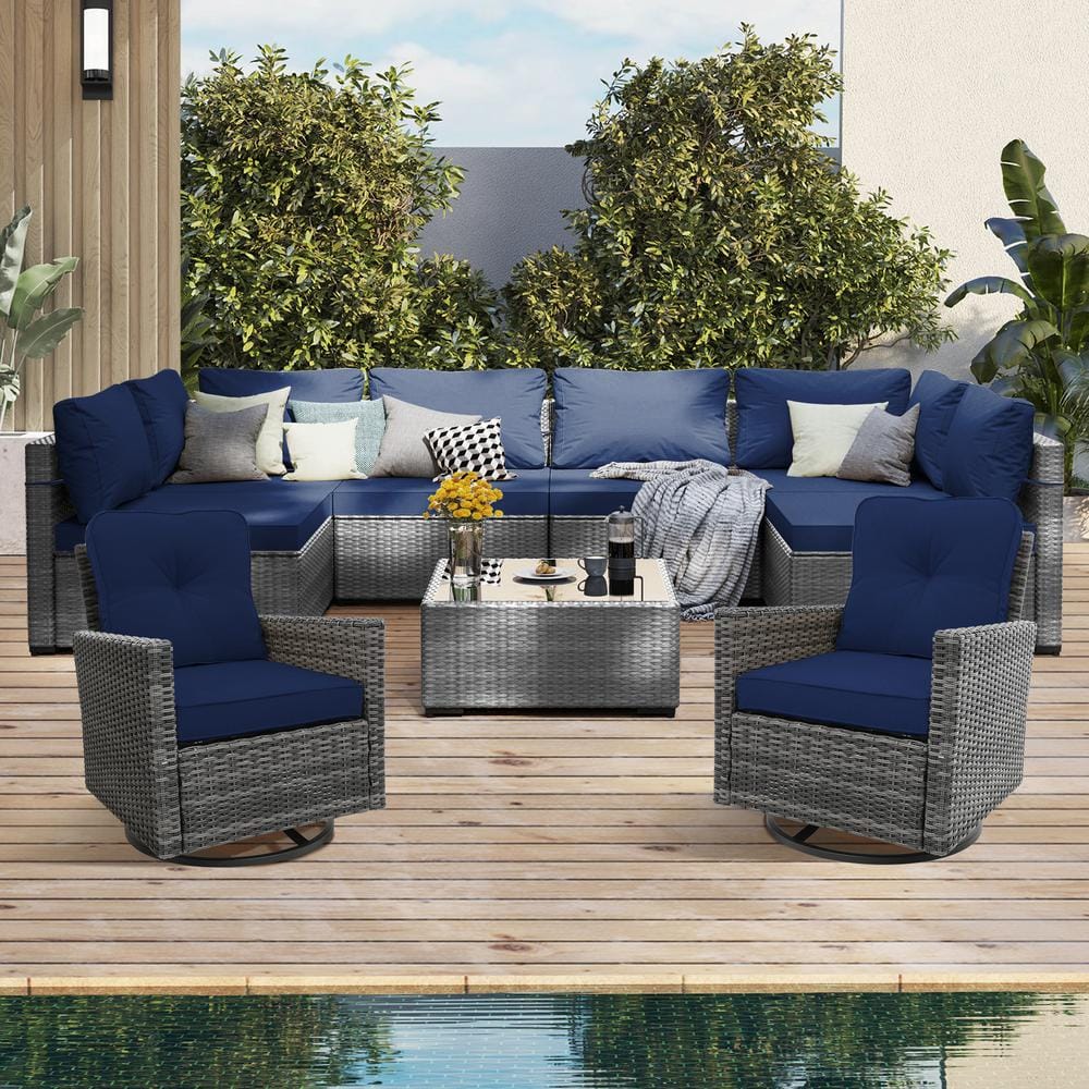 UPHA 9-Piece Gray Wicker Patio Conversation Set with Swivel Chair and ...