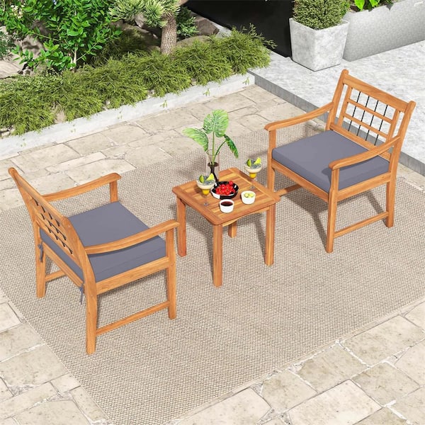 Costway 3-Piece Acacia Wood Outdoor Bistro Set with Coffee Table for Porch and Gray Cushions