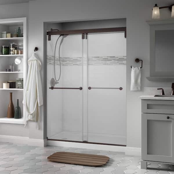 Delta Lyndall Mod 50-1/8 to 58-1/2 in. W x 71-1/2 in. H Soft-Close Frameless Sliding Shower Door, Bronze, Clear Glass