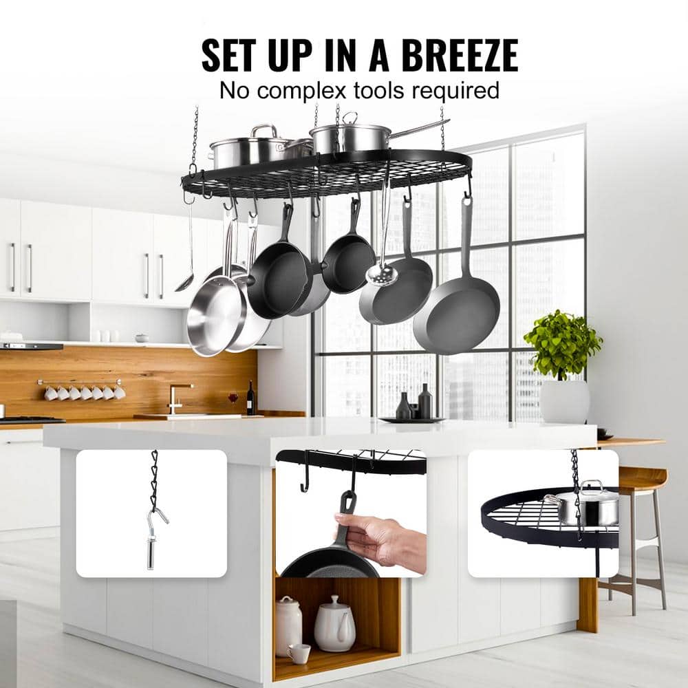 Black Carbon Steel Ceiling Mounted Pot Rack with 12 Hooks