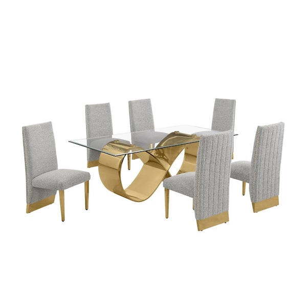 Best Quality Furniture Garrett 7-Piece Clear Tempered Glass Top with Gold Stainless Steel Base Dining Set with 6 Rich Grey Chairs