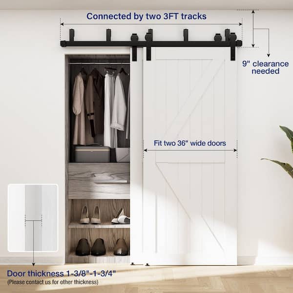 6 ft./72 in. Powder Coated Black Heavy-Duty Bypass Double Door Sliding Barn Door Hardware Classic Design Roller 6 ft./72 in. Powder Coated Black Heavy-Duty Bypass Double Door Sliding Barn Door Hardware Classic Design Roller