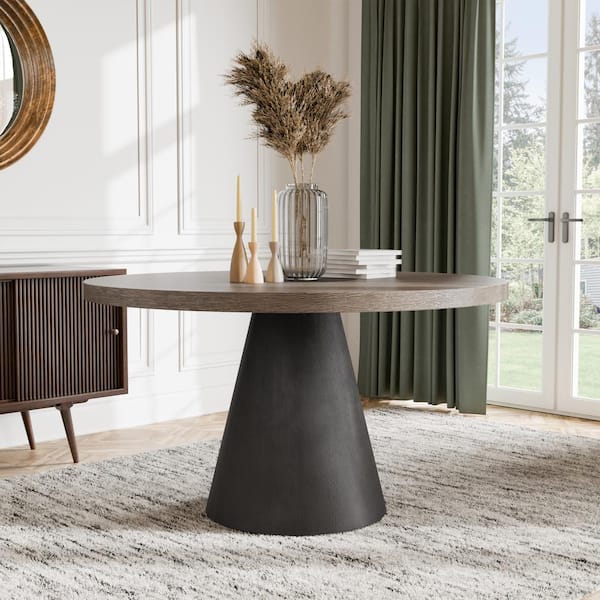 Furniture of America Hans Modern Rustic Oak/Dark Walnut Round Wood 54 in. Pedestal Dining Table Seats-4
