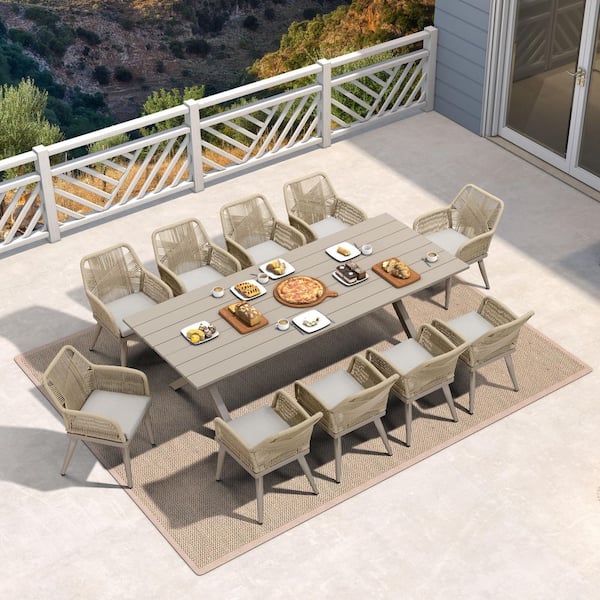 11-Piece Aluminum All-Weather PE Rattan Rectangular Outdoor Dining Set with Cushion, Champagne