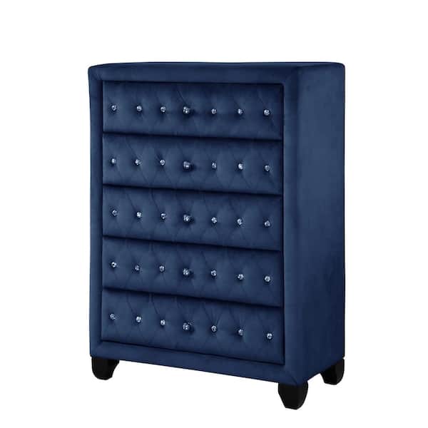 LUCKY ONE Tiny 5-Drawer Blue Chest of Drawers Upholstery Velvet（49.00 in. H x 36.00 in. W x 16.00 in. D）
