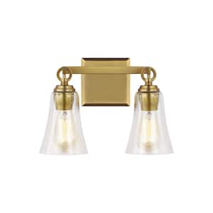 Monterro 13.5 in. W. 2-Light Burnished Brass Vanity Light with Clear Seeded Glass Shades